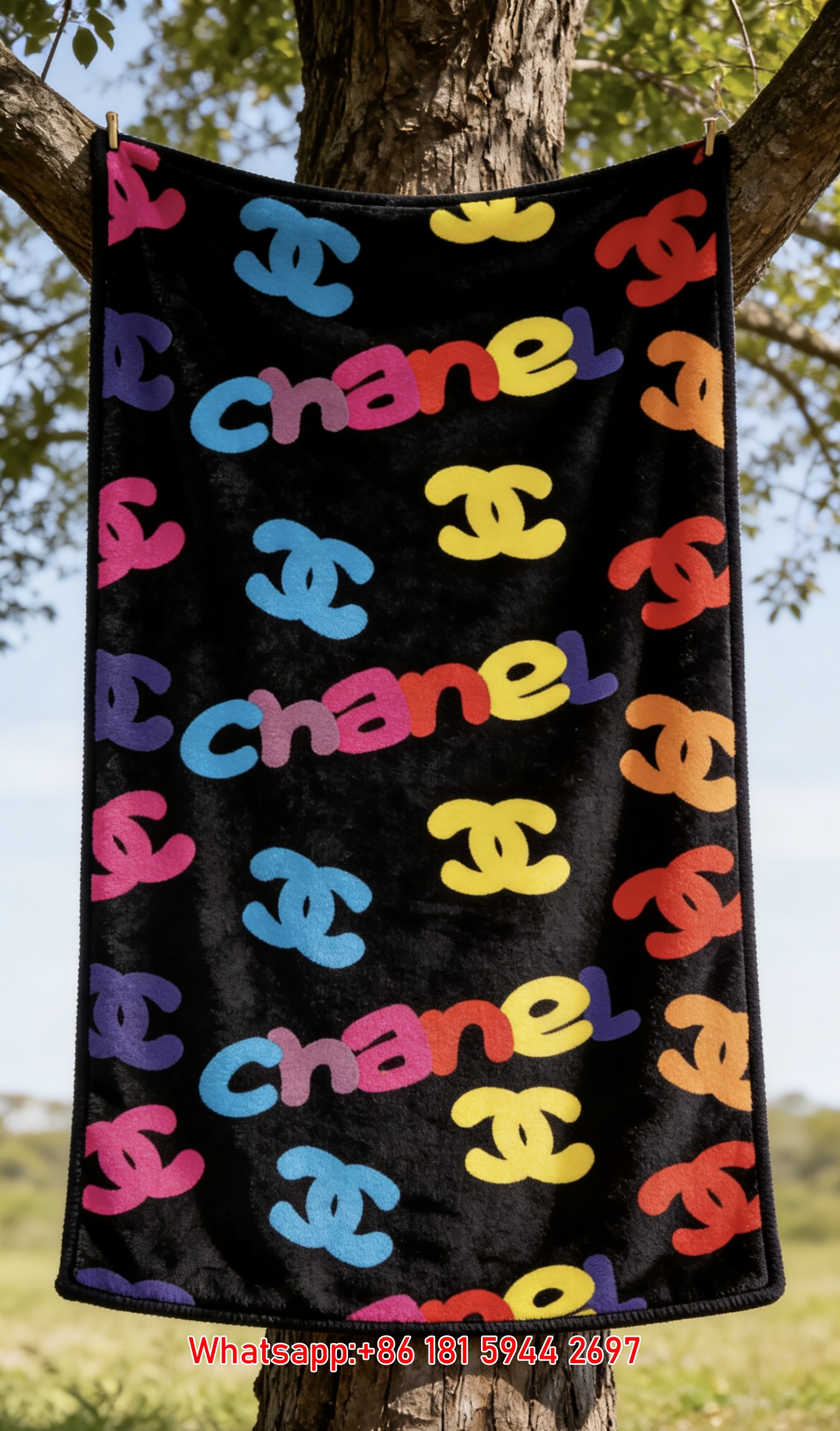 Chanel Rainbow Logo Allover Print Flannel Throw Blanket IMG_6929